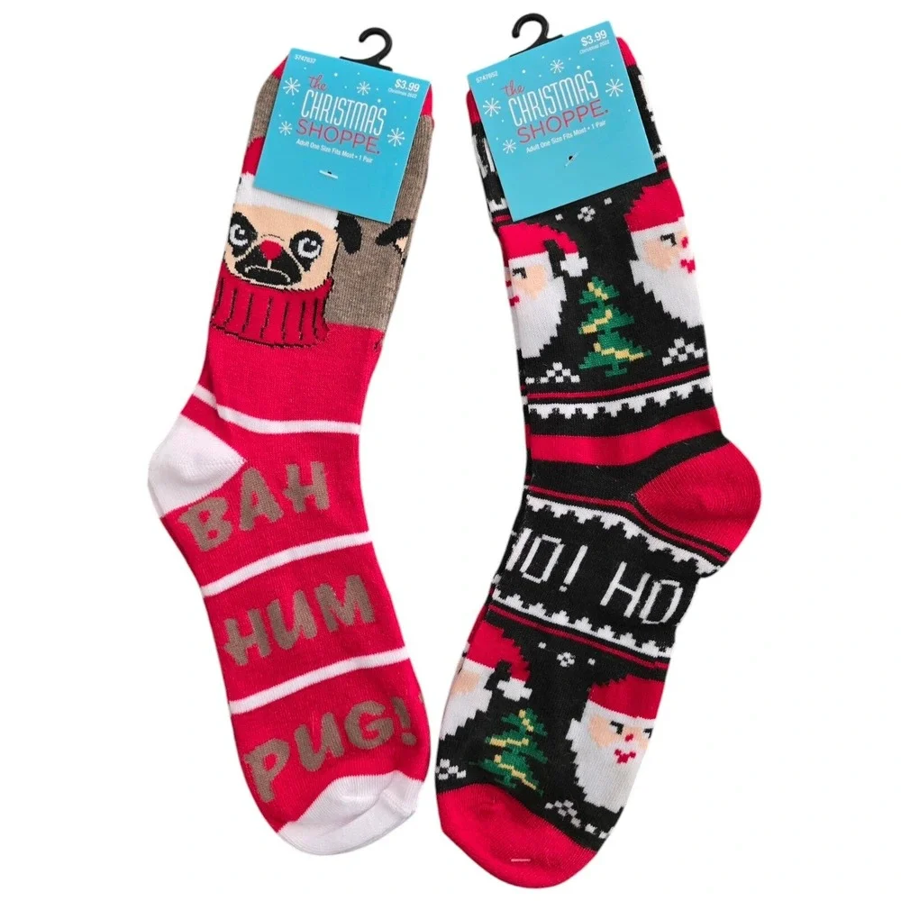Christmas Shoppe Ladies Crew Socks Pugs Santa Hat Dog Santa Socks Lot Of 2 Pairs